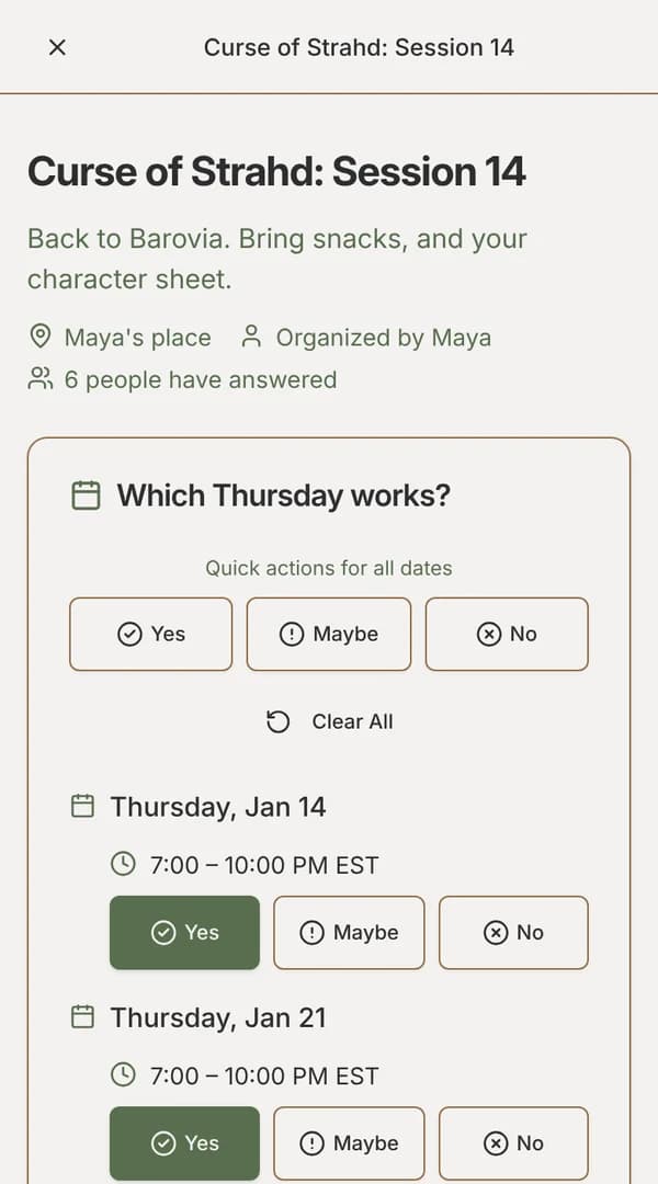 EventMoot on a phone: the poll “Which Thursday works?” for Curse of Strahd, Session 14, organized by Maya, with 6 people answered. Thursday Jan 14 and Thursday Jan 21 are each offered 7:00 to 10:00 PM EST with Yes, Maybe and No buttons, and this player has tapped Yes on both.